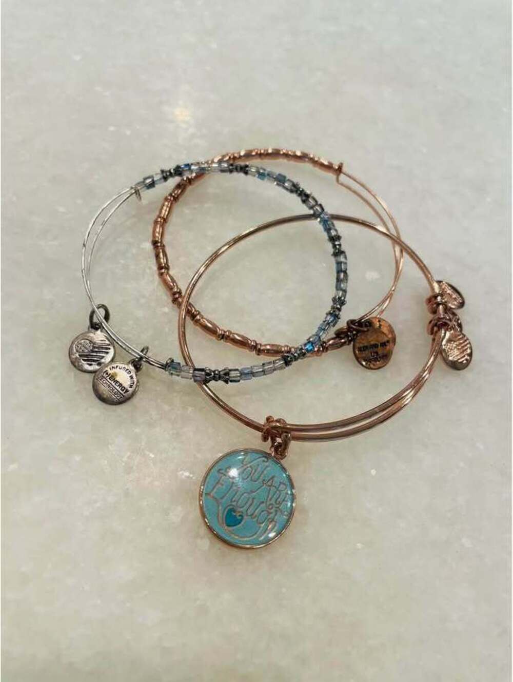 Set of 3 Alex and Ani Stackable Bracelets with Charms - Very Good Condition